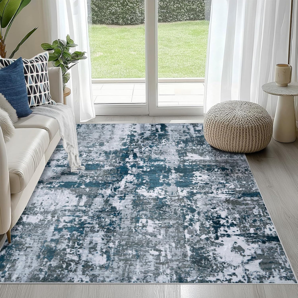 8x10 Area Rugs for Living Room Rug Washable: Abstract Large Rug for Dining Room Bedroom Carpet Non Slip 8 by 10 Indoor Modern Nursery Home Office Blue Grey