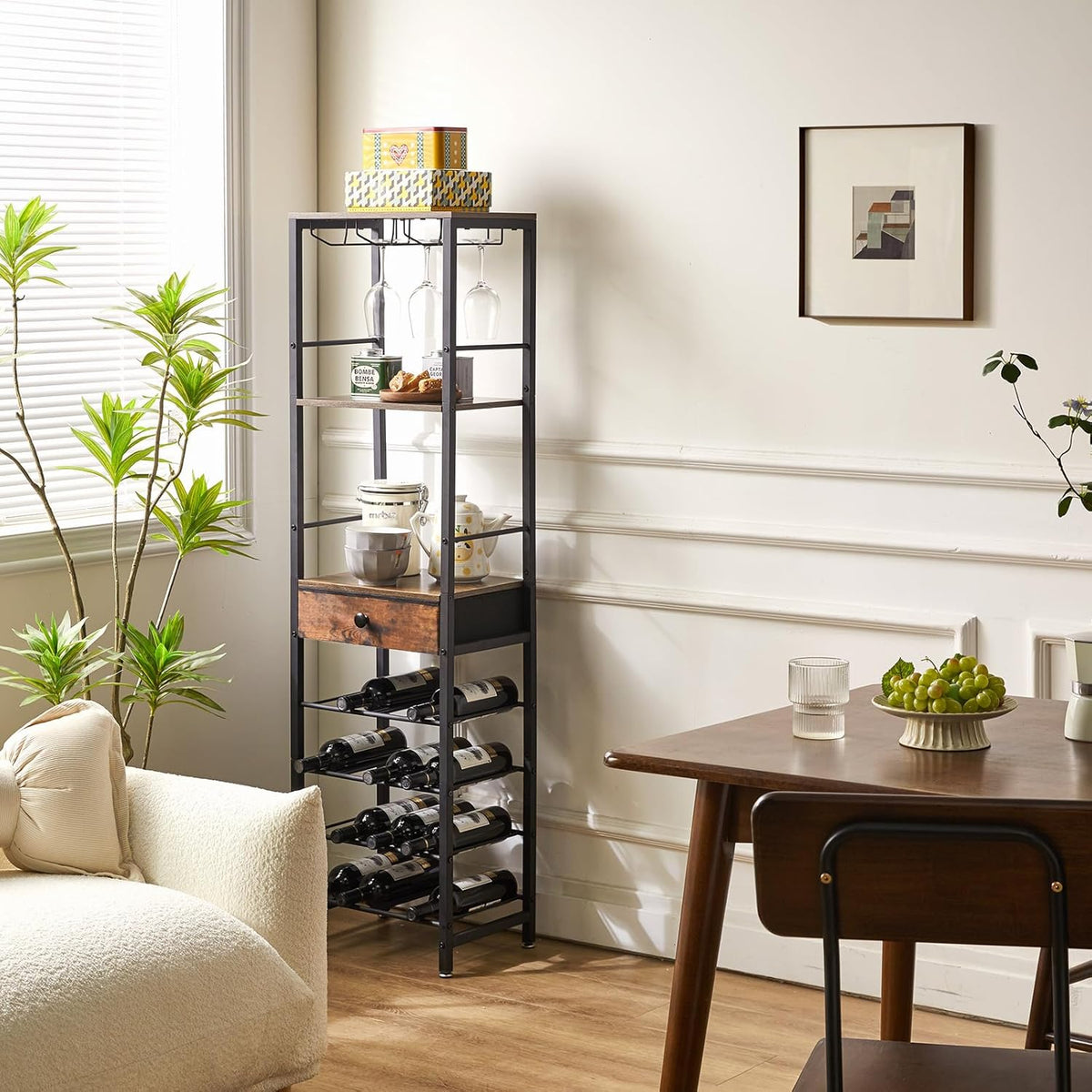 IBUYKE Wine Rack Freestanding Floor, Bar Cabinet for Liquor and Glasses,4-Tier Wood Coffee Bar Cabinet,Glass Holder and Storage Drawer for Home Bar Kitchen Living Room,Rustic Brown UTMJ905H