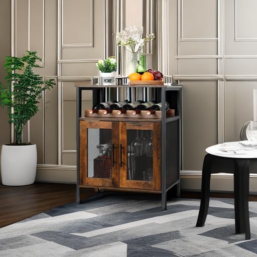 X-cosrack Wine Bar Rack Cabinet with Detachable Wine Rack, Coffee Barwith Glass Holder, Small Sideboard and Buffet Cabinet with Mesh Door, Rustic Brown(Patent Pending)