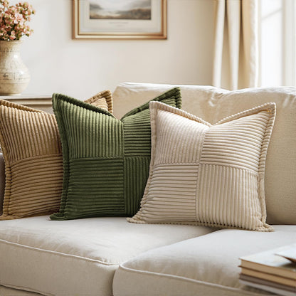 MIULEE Decorative Throw Pillow Covers for Couch Bed Livingroom 18x18 Inch Set of 2 Beige Boho Accent Throw Pllows Broadside Striped Patchwork Soft Corduroy Pillowcases