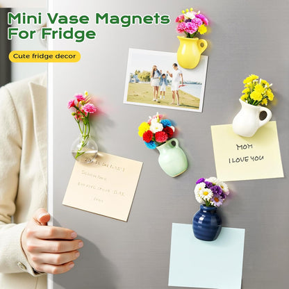 8 Pcs Refrigerator Magnets - Cute Mini Ceramic Vase Fridge Magnets with Artificial Flowers, Funny Tiny Vase Magnet for Fridge Decorative, Office, Kitchen, Locker, Whiteboard