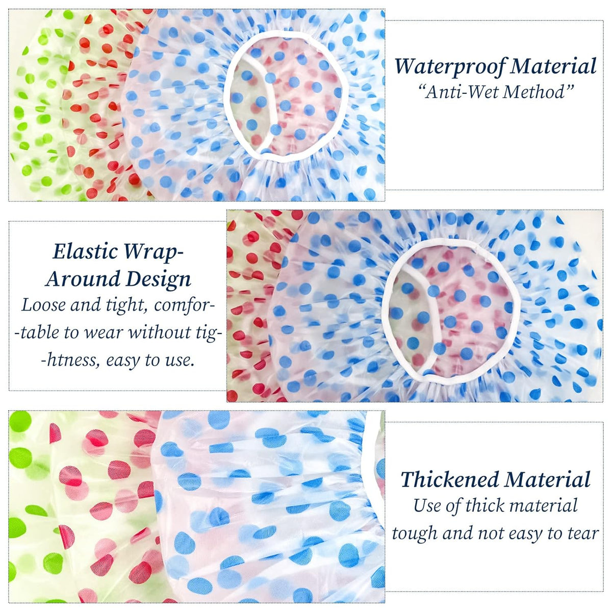3PCS Shower Caps, Elastic Reusable Waterproof Plastic Shower Cap for Women Ladies Spa Salon (Red+Green+Blue)