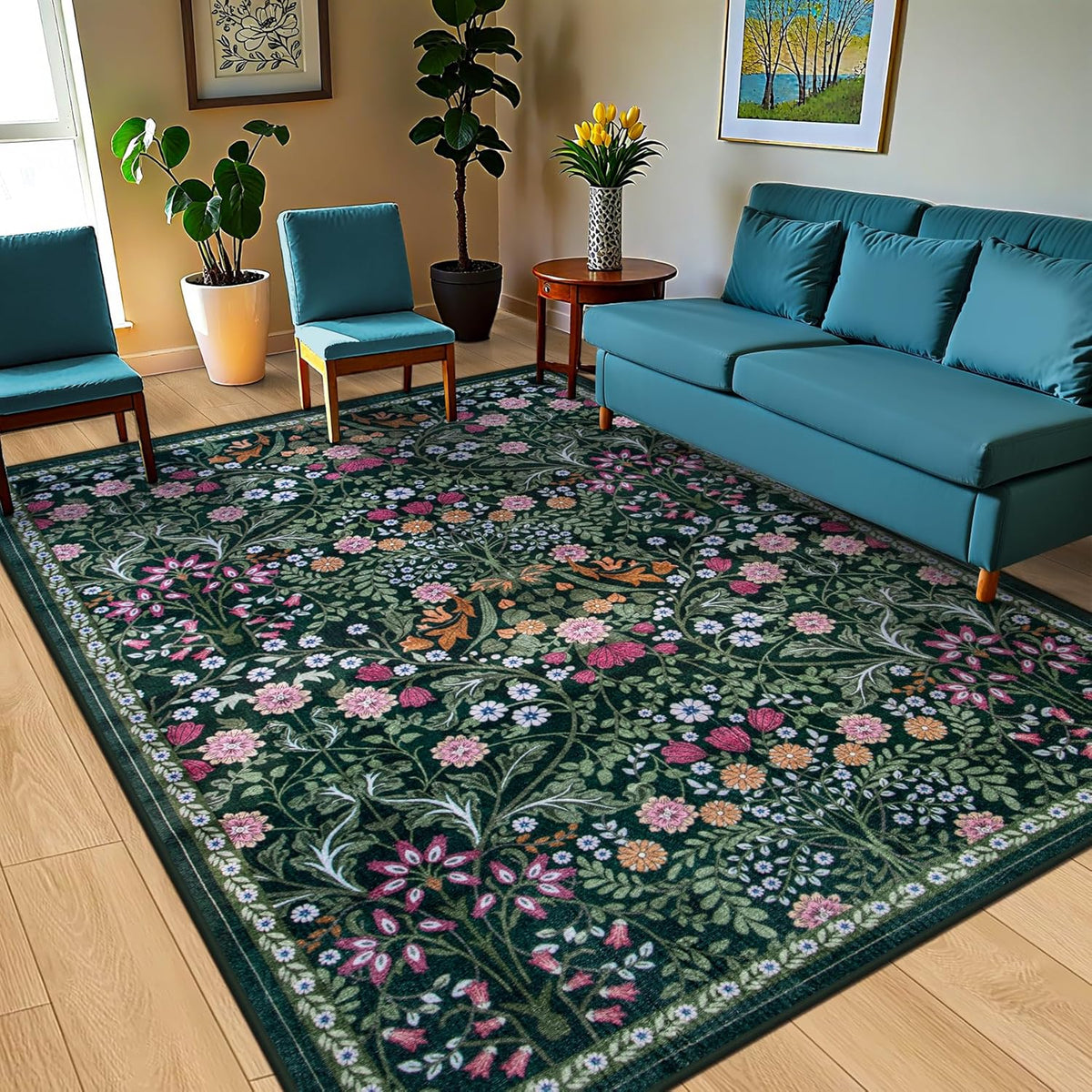 8x10 Area Rugs for Living Room: Floral Washable Rug Vintage Large Soft Boho Non-Slip Carpet Indoor Floor Stain Resistant Carpets for Bedroom Dining Room Farmhouse Nursery Home Office Dark Green