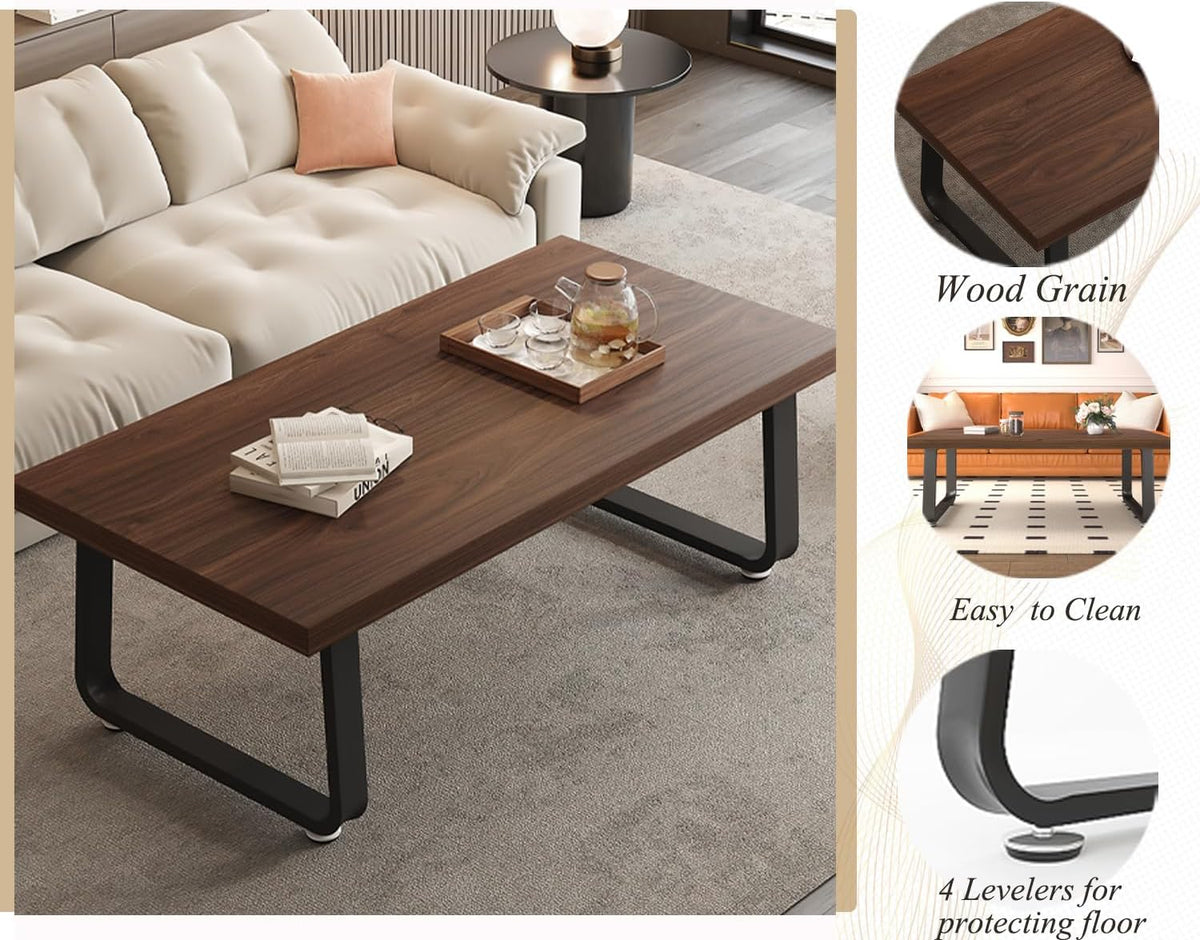 HSH Rustic Walnut Coffee Table, Modern Center Table, Rectangle Industrial Living Room Coffee Table, Simple Farmhouse Wood and Metal Tea Table for Home Bedroom Office, Walnut, 47 in