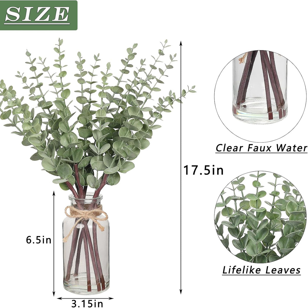 17.5" Artificial Eucalyptus Stems in Glass Vase with Faux Water,Fake Plant Eucalyptus Leaves White Seeds for Centerpiece Table Decorations Farmhouse Wedding Home Greenery Decor (Sage Green)