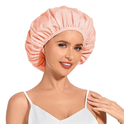 Shower Cap for Women Waterproof Reusable, Large Shower Cap Non-Slip with Elastic Band, Washable Bath Hair Hat for Long Hair, Braids (Pink)