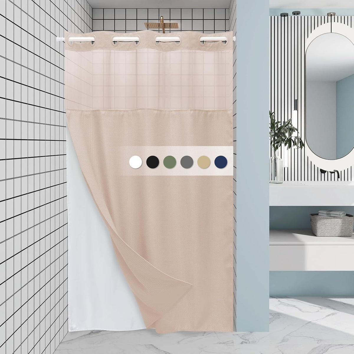Grey Shower Curtain and Liner Set - 230GSM Waffle Weave Textured Heavy Duty,Hotel Luxury Weighted Bath Curtain,71W x 74H