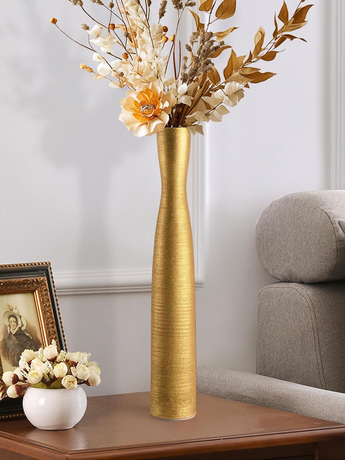 Tall Gold Vase, 16.5 Inch Skinny Flower Vases, Handmade Ceramic Vase Modern Minimalist Style for Living Room,Home,Office,Centerpiece,Table,Wedding Party