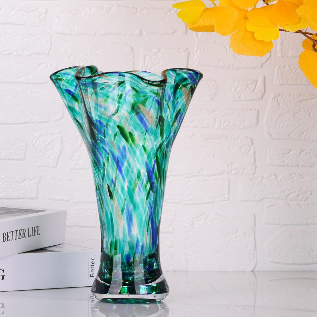 9.0" H Teal Glass Vases for Flowers, Unique Hand Blown Glass Vase Green Home Decor, Wide Mouth Colorful Flower Vase Centerpieces, for Living Room Table Bookshelf, Bathroom Office Shelf Decorative