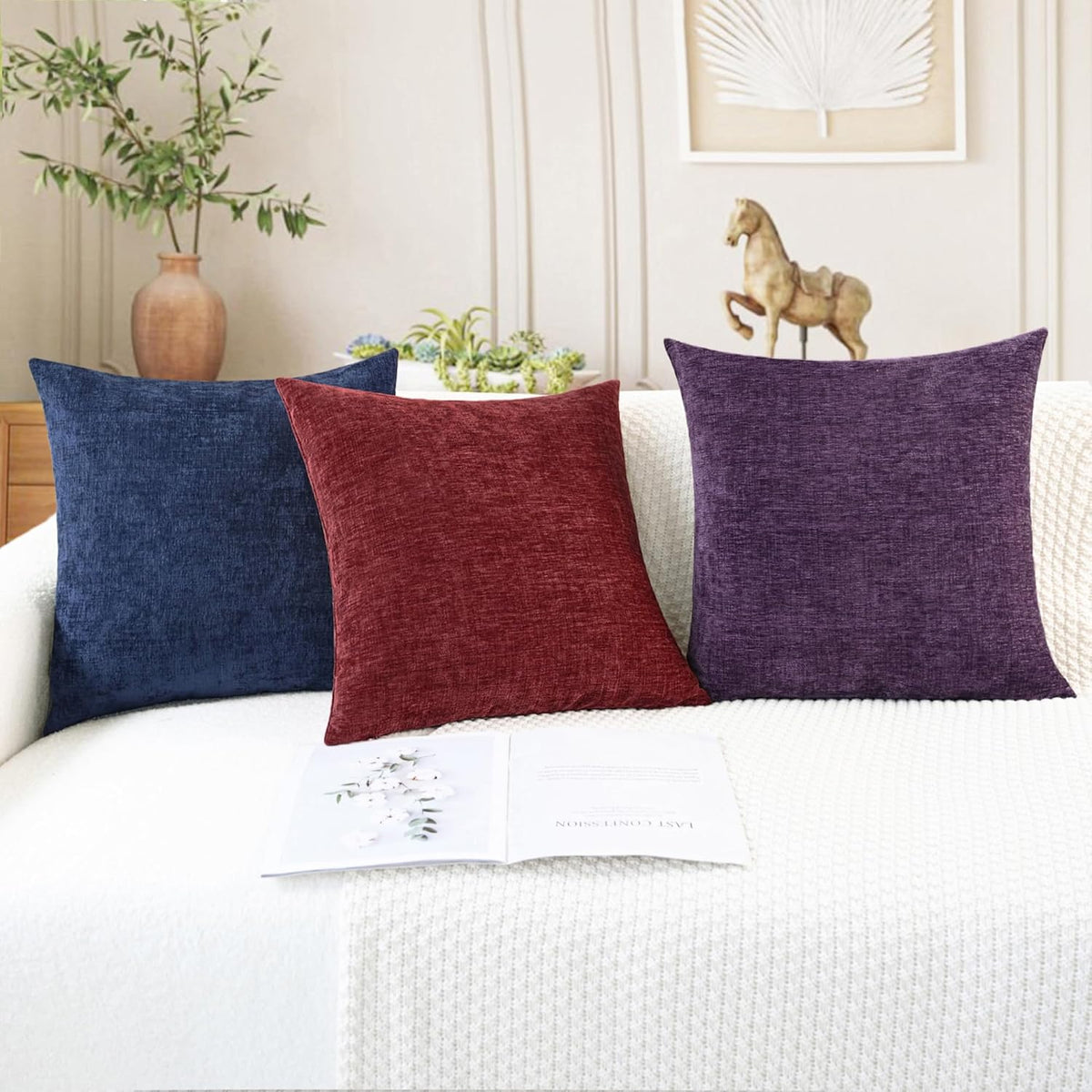 CaliTime Throw Pillow Covers Decorative 18 X 18 Inches Pack of 2 Cozy Chenille Cushion Cases for Couch Sofa Bed Living Room Home Navy Blue