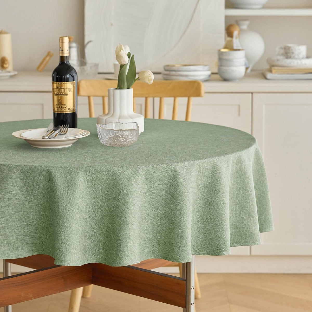 Decorelia Faux Linen Round Tablecloths 60 inch, Waterproof Decorative Washable Texture Rustic Circle Table Cloth Cover for Dining Kitchen Party Farmhouse Outdoor(Round (2-4 Seats),Sage Green)