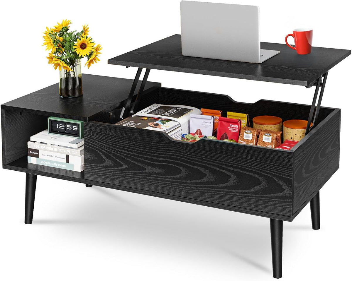 OLIXIS Wood Lift Top Coffee Table with Hidden Compartment and Large Storage Shelf, Lift Tabletop Dining Center Table for Home Living Room Office, Black