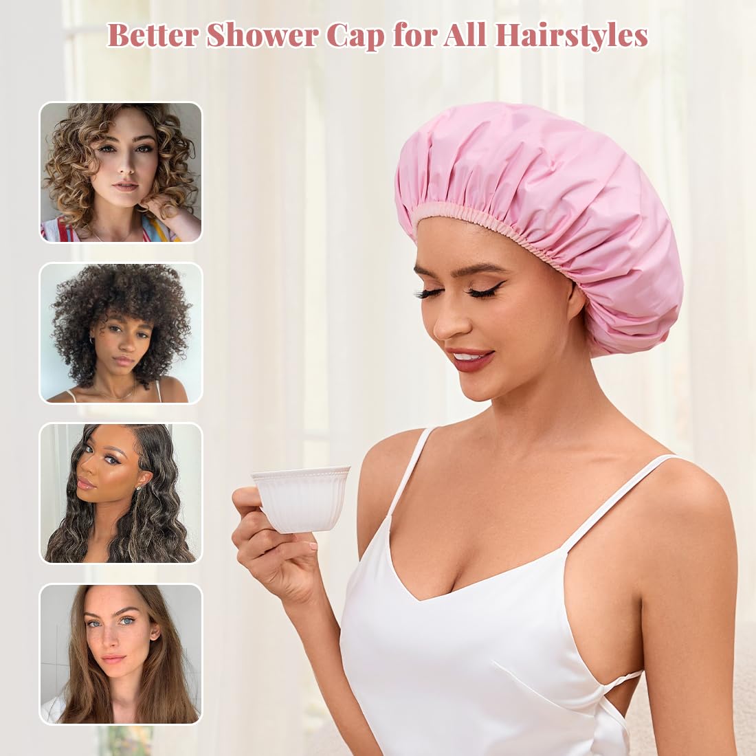 Shower Cap for Women Waterproof Reusable, Large Shower Cap Non-Slip with Elastic Band, Washable Bath Hair Hat for Long Hair, Braids (Pink)