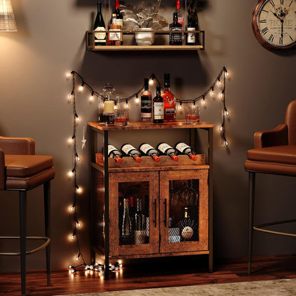 X-cosrack Wine Bar Rack Cabinet with Detachable Wine Rack, Coffee Barwith Glass Holder, Small Sideboard and Buffet Cabinet with Mesh Door, Rustic Brown(Patent Pending)