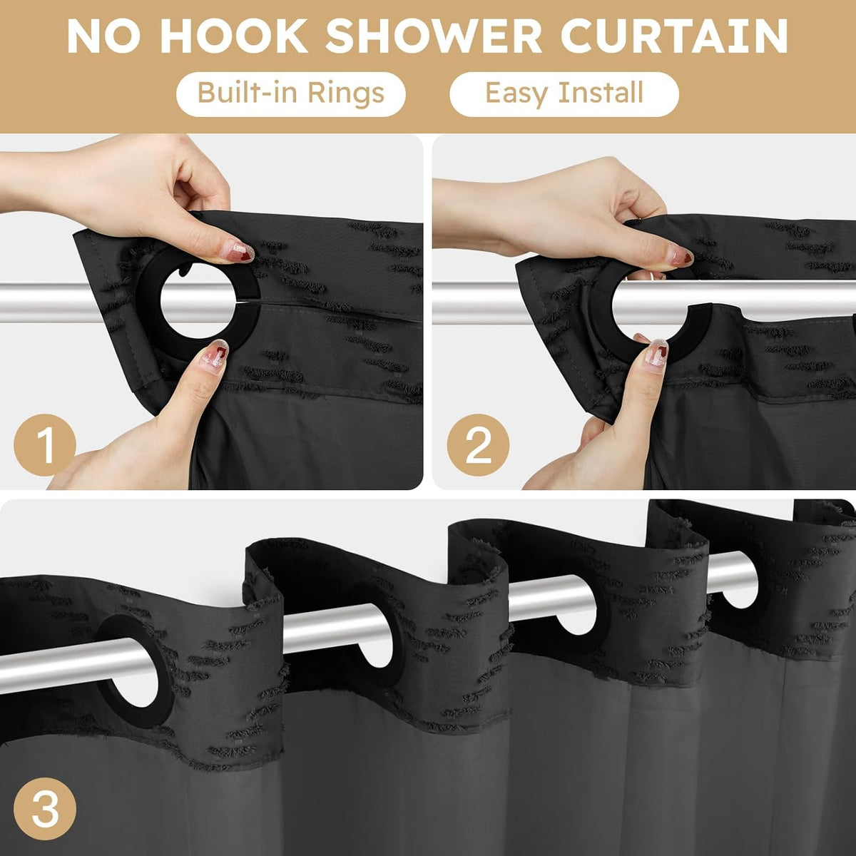 No Hook Shower Curtain and Liner Set, Black Snap in Shower Curtain Ringless Chevron Tufted Cloth Waterproof Washable Fabric Bath Curtain with See Through Top Window for Bathroom Hotel 71" x 74"