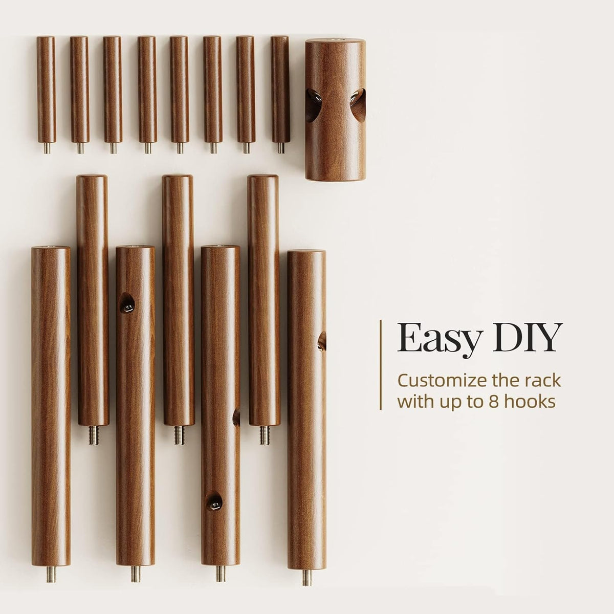 Sturdy Wooden Coat Tree with 8 Hooks, 3 Adjustable Sizes for Clothes, Hat Stand Used in Bedroom/Office/Entryway, Brown