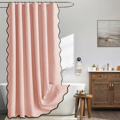 Beige Scalloped Shower Curtain Linen Textured with 12 Metal Hooks Cute Heavy Duty Washable Waterproof Neutral Thick Cloth Shower Curtains with Black Border for Bathroom Bathtub,W72*L72 Cream