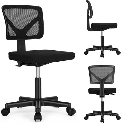 Small Office Desk Chair, Ergonomic Low-Back Mesh Rolling Work Swivel Chairs with Wheels, Armless Comfortable Seat Lumbar Support for Home, Bedroom, Study, Student, Adults,Classic Black