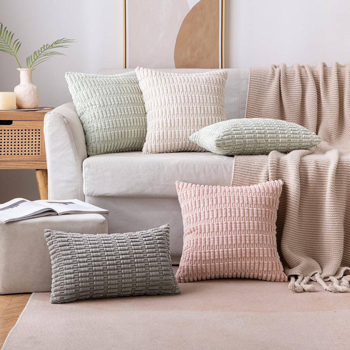 MIULEE Pack of 2 Corduroy Decorative Throw Pillow Covers 18x18 Inch Soft Boho Striped Pillow Covers Modern Farmhouse Home Decor for Sofa Living Room Couch Bed Cream White