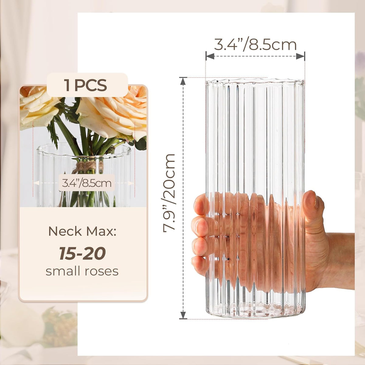 Glass Cylinder Vases, Bud Vase for Centerpieces, 8 Inch Tall Ribbed Vase Hurricane Floating Candle Holder, Decorative Flower Vases for Wedding Reception, Home Decor, Housewarming Gift (Clear)