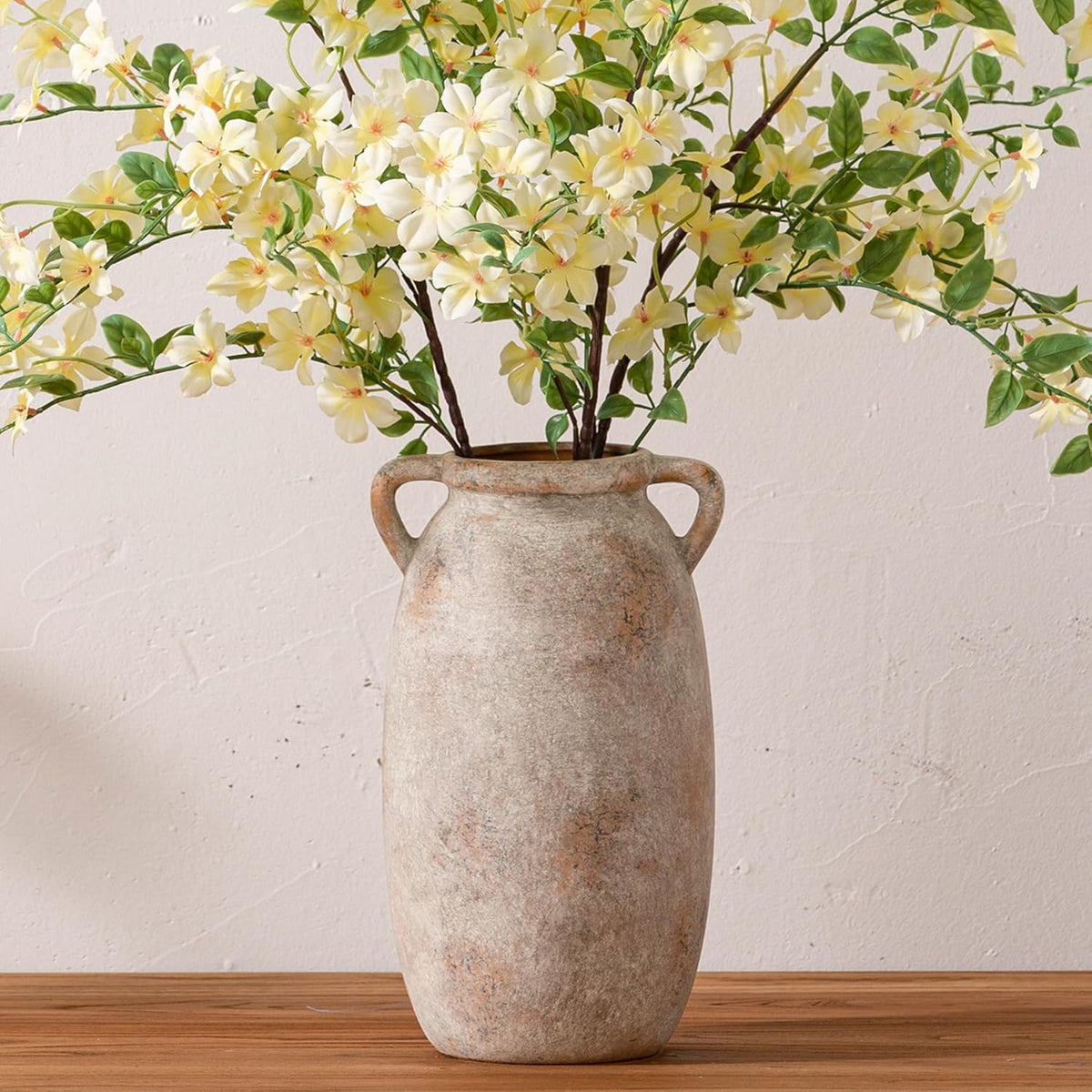 Ceramic Flower Vase 7.6 inch Farmhouse Rustic Vase Decorative Pottery Terracotta Vases for Home Decor Table Mantle Fireplace Living Room Bathroom Wedding Centerpiece (Whitewashed)