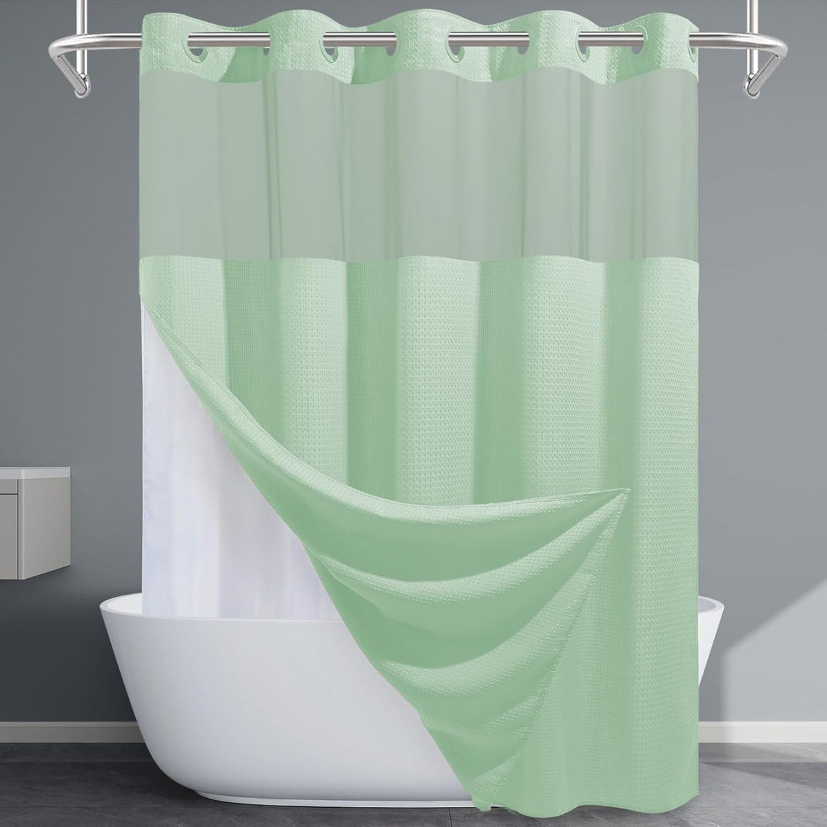 Grey Shower Curtain and Liner Set - 230GSM Waffle Weave Textured Heavy Duty,Hotel Luxury Weighted Bath Curtain,71W x 74H