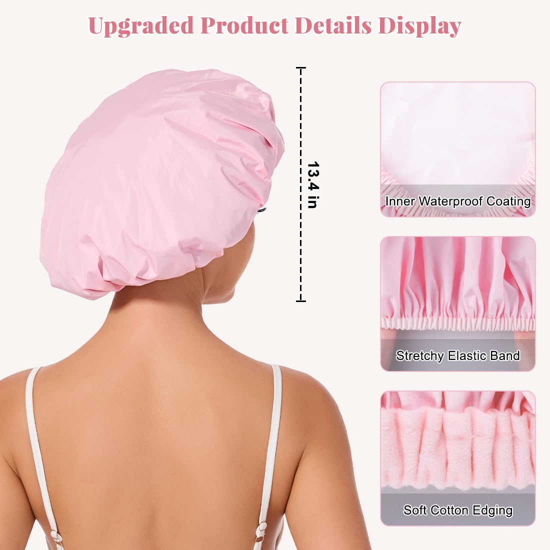 Shower Cap for Women Waterproof Reusable, Large Shower Cap Non-Slip with Elastic Band, Washable Bath Hair Hat for Long Hair, Braids (Pink)