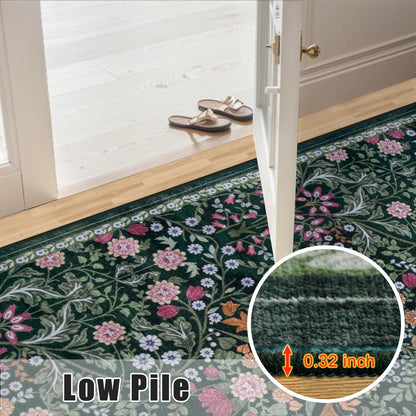 8x10 Area Rugs for Living Room: Floral Washable Rug Vintage Large Soft Boho Non-Slip Carpet Indoor Floor Stain Resistant Carpets for Bedroom Dining Room Farmhouse Nursery Home Office Dark Green