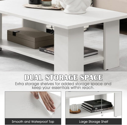Giantex Rectangle Wood Center Table, 41" L 2-Tier Small Modern Tea Table w/Open Compartment, Easy Assembly, Accent Coffee Table for Living Room, Reception Room, White