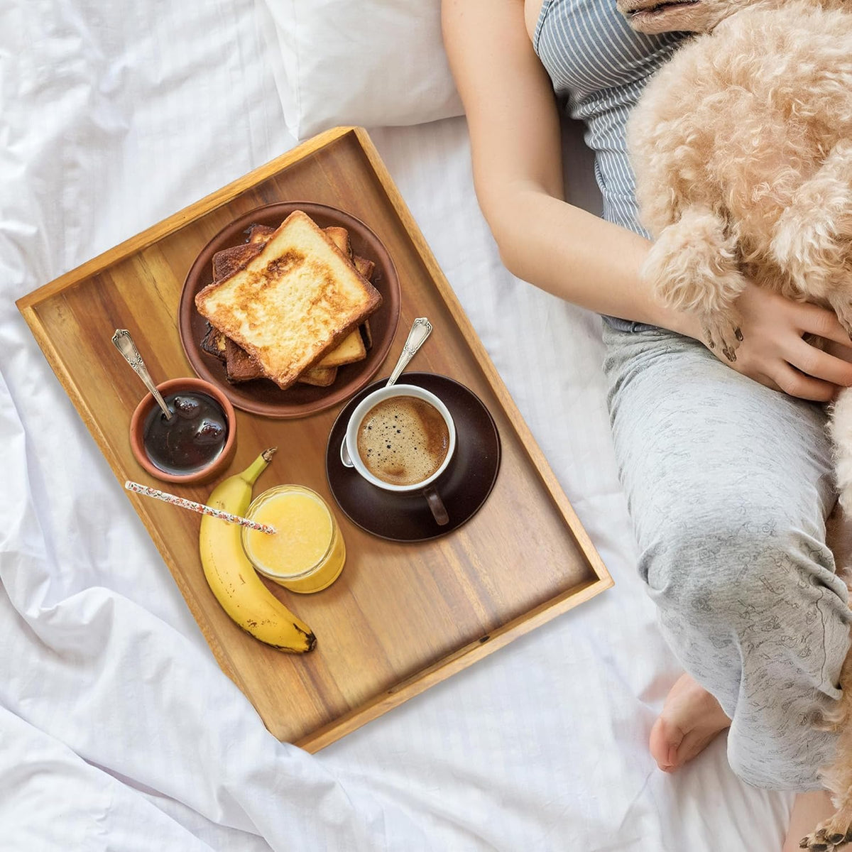 Acacia Wood Serving Tray with Handles - 17-Inch Decorative Wooden Tray - Perfect for Breakfast, Lunch, Dinner, Appetizers, Patio, Ottoman, Coffee Table - Durable Living Room and Couch Tray
