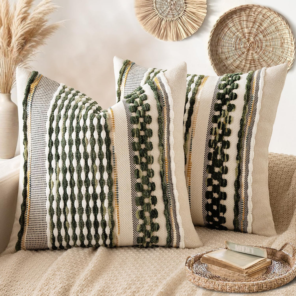 ANRODUO Pack of 2 Boho Decorative Throw Pillow Covers 18x18 Farmhouse Cushion Case Striped Chenille Pillow Cases Square Pillow Covers Accent Neutral Pillowcase for Sofa Couch Bed, Olive Green Stripe