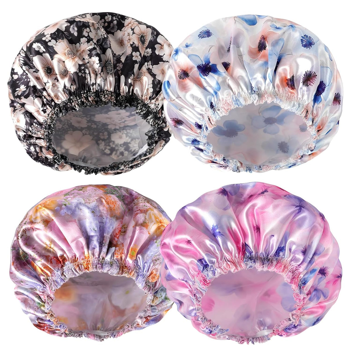 Shower Caps for Women, 4 PCS Elastic and Reusable Bath Caps, Double Waterproof Layers Shower Cap, Bathing Shower Caps, Environmental Protection Hair Bath Hat - Solid Color