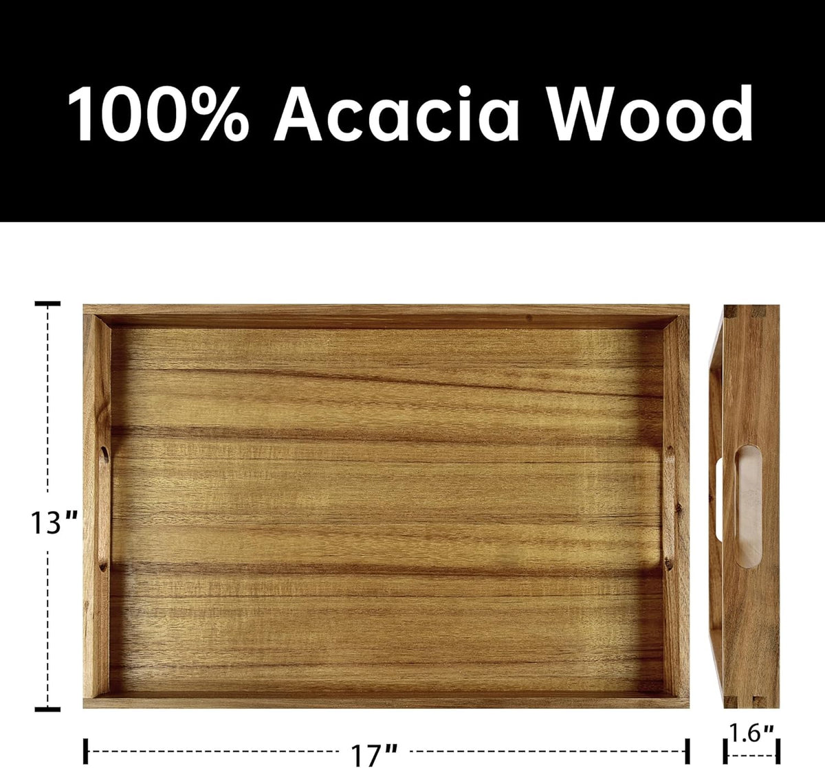 Acacia Wood Serving Tray with Handles - 17-Inch Decorative Wooden Tray - Perfect for Breakfast, Lunch, Dinner, Appetizers, Patio, Ottoman, Coffee Table - Durable Living Room and Couch Tray