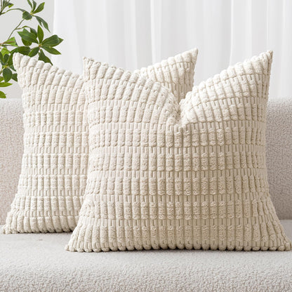 MIULEE Pack of 2 Corduroy Decorative Throw Pillow Covers 18x18 Inch Soft Boho Striped Pillow Covers Modern Farmhouse Home Decor for Sofa Living Room Couch Bed Cream White