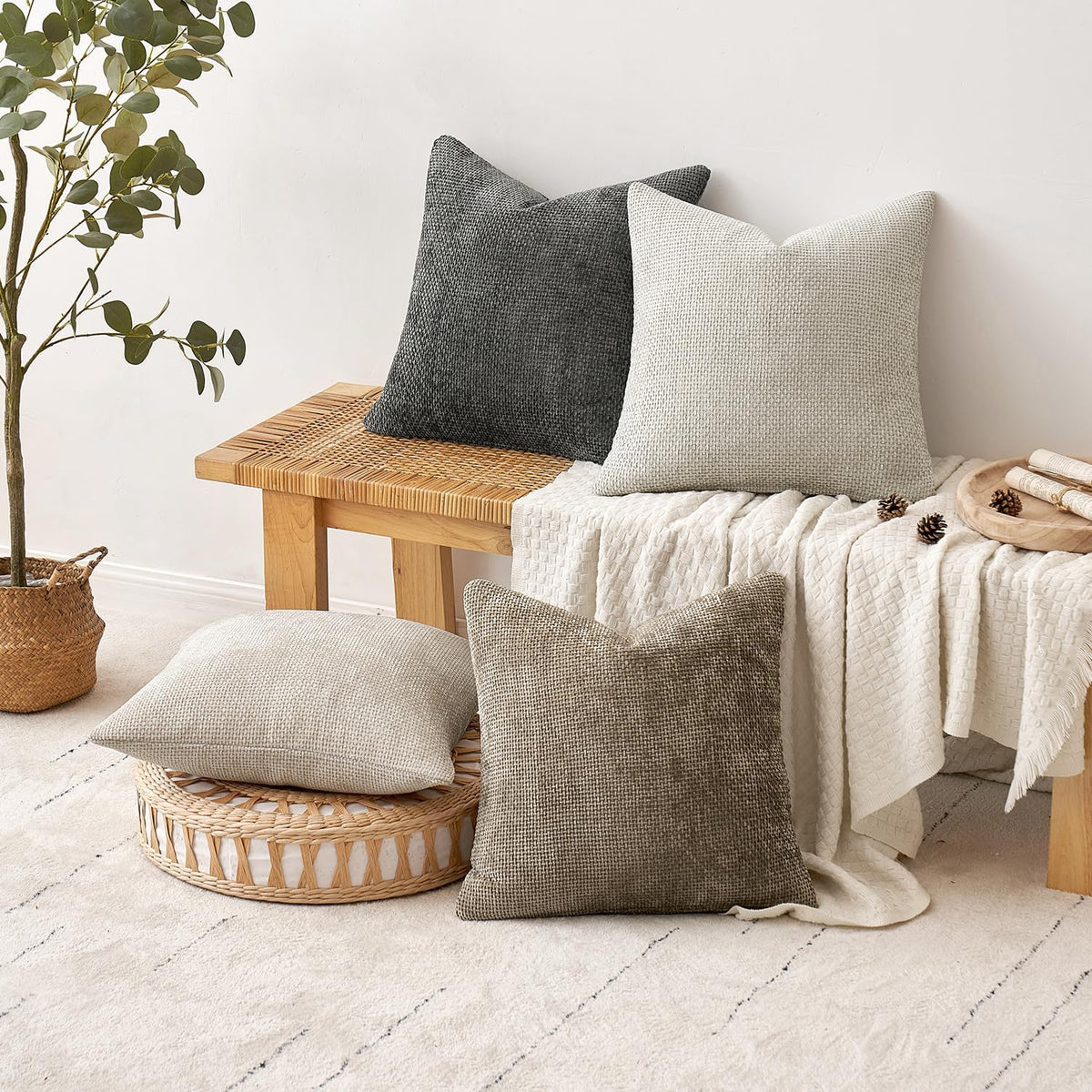 MIULEE Pack of 4 Couch Throw Pillow Covers 18x18 Inch Neutral Soft Decorative Chenille Pillow Covers Farmhouse Boho Cushion Covers for Mid Century Modern Spring Home Decor Sofa Bedroom Living Room