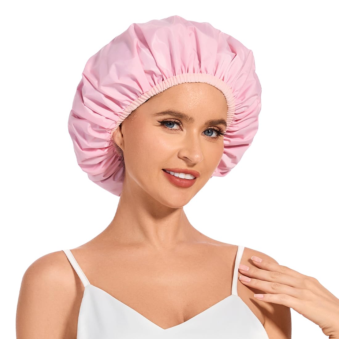 Shower Cap for Women Waterproof Reusable, Large Shower Cap Non-Slip with Elastic Band, Washable Bath Hair Hat for Long Hair, Braids (Pink)
