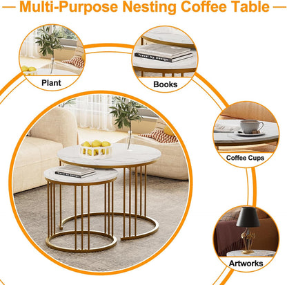 Garden 4 you Coffee Table Faux Marble Nesting Table for Small Place 2 Sets Modern Furniture Living Room Sets End Side Table Night Stand for Bed Room Dining Room (White & Gold)