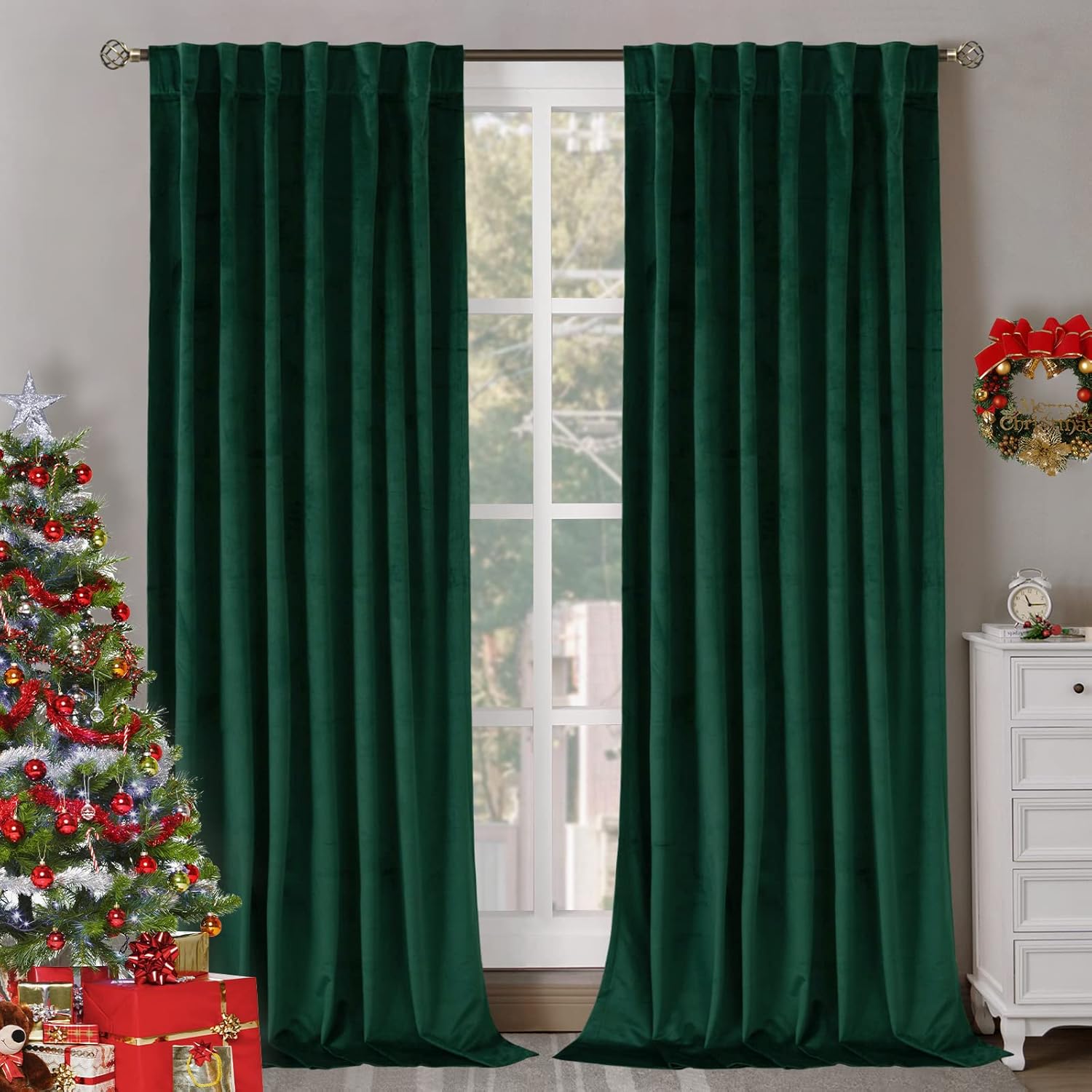 Green Velvet Curtains 84 Inch Length, Thermal Insulated Blackout Curtains Room Darkening Drapes with Back Tab and Rod Pocket for Living Room/French Door, Set of 2 Panels, 52 x 84 Inch