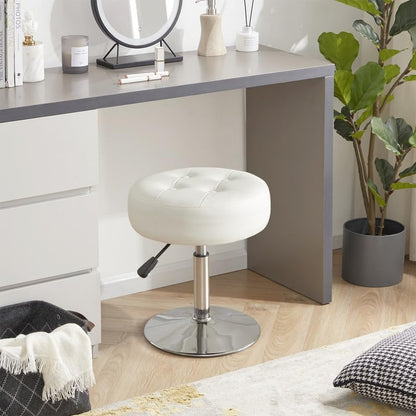 White Vanity Chair for Makeup Room Round Ottoman Tufted PU Leather Makeup Chair Vanity Stools for Bathroom Height Adjustable 360 Swivel