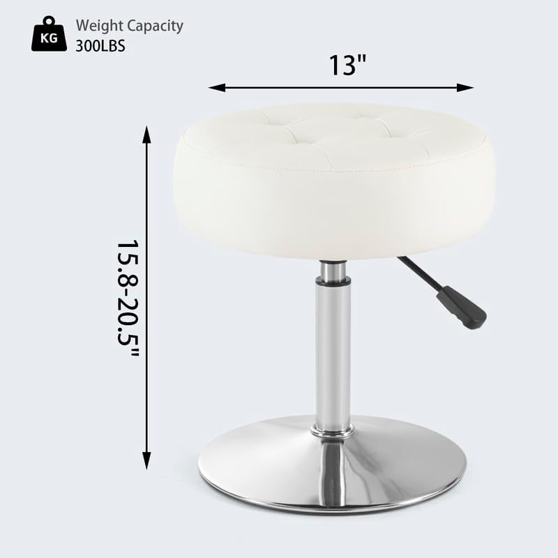 White Vanity Chair for Makeup Room Round Ottoman Tufted PU Leather Makeup Chair Vanity Stools for Bathroom Height Adjustable 360 Swivel