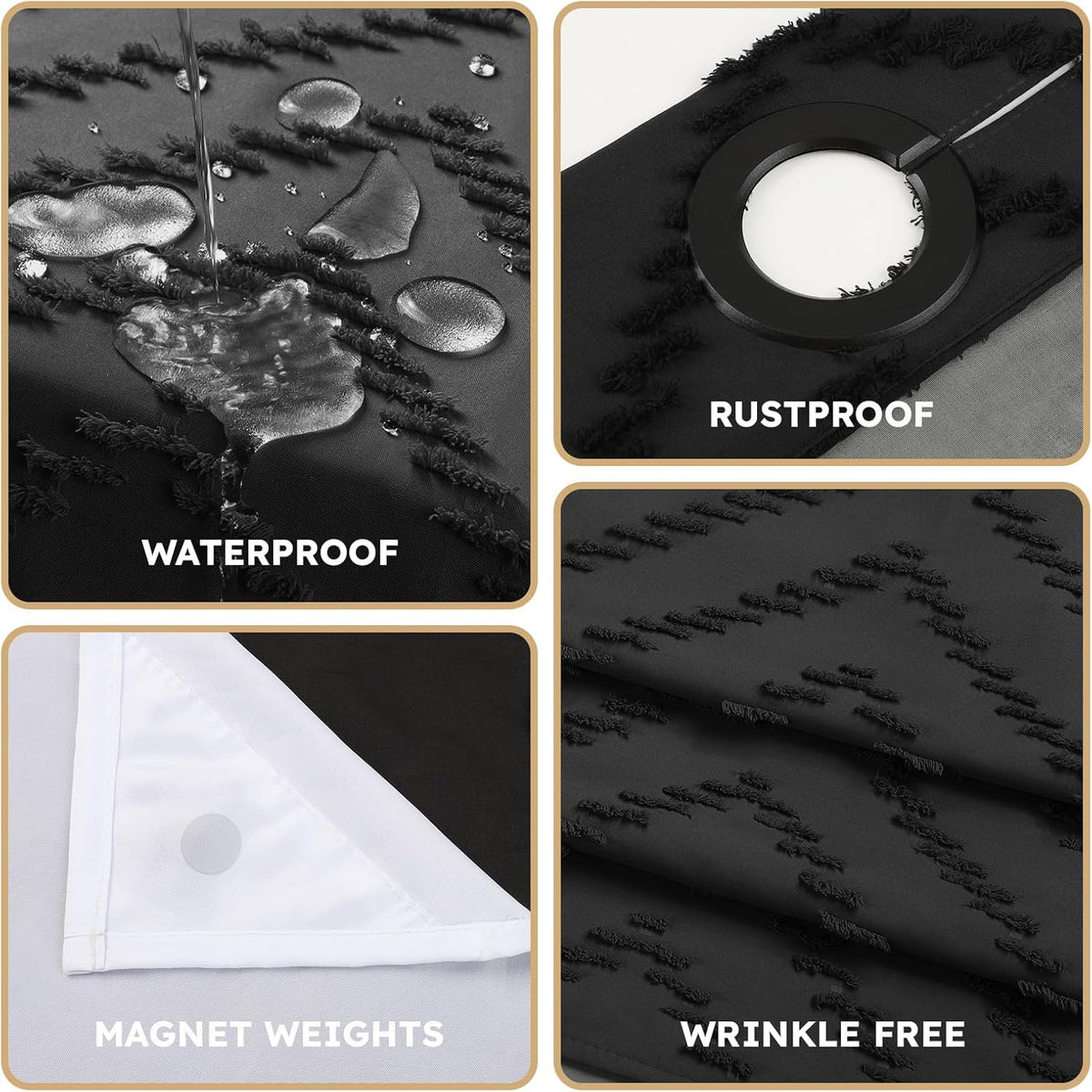 No Hook Shower Curtain and Liner Set, Black Snap in Shower Curtain Ringless Chevron Tufted Cloth Waterproof Washable Fabric Bath Curtain with See Through Top Window for Bathroom Hotel 71" x 74"