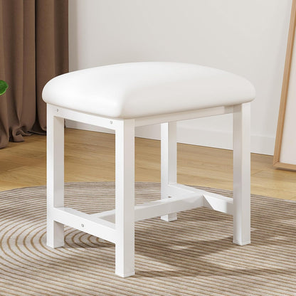 White Vanity Stool, Small Vanity Chair, Cute Makeup Bench Seat with Leather Cushioned, Desk Stools for Bedroom, Bathroom, Entryway, Living Room, Office