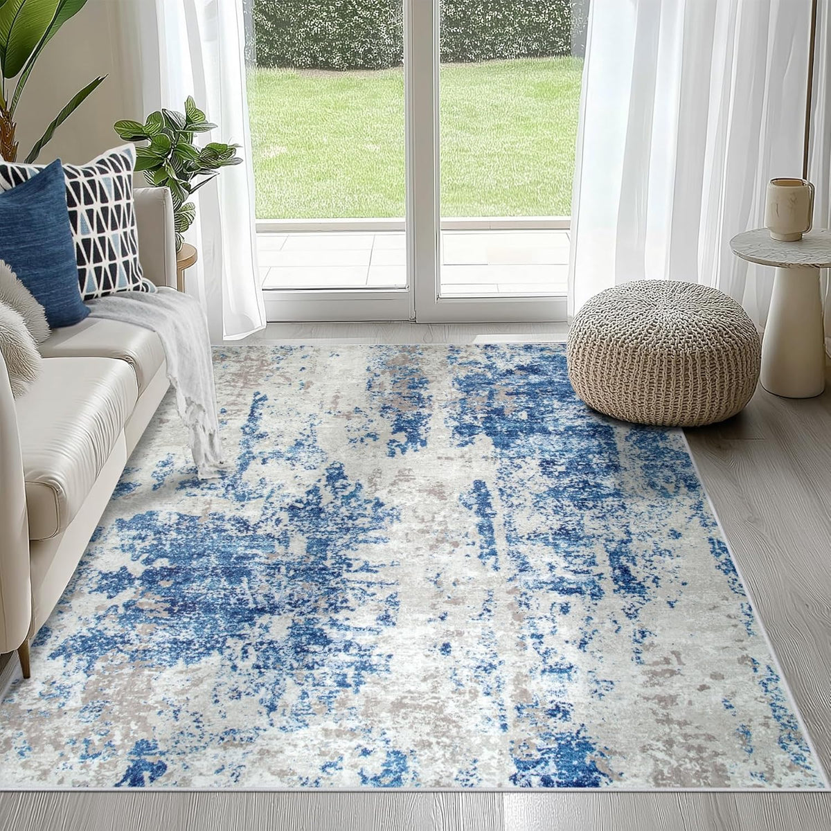 8x10 Area Rugs for Living Room Rug Washable: Abstract Large Rug for Dining Room Bedroom Carpet Non Slip 8 by 10 Indoor Modern Nursery Home Office Blue Grey