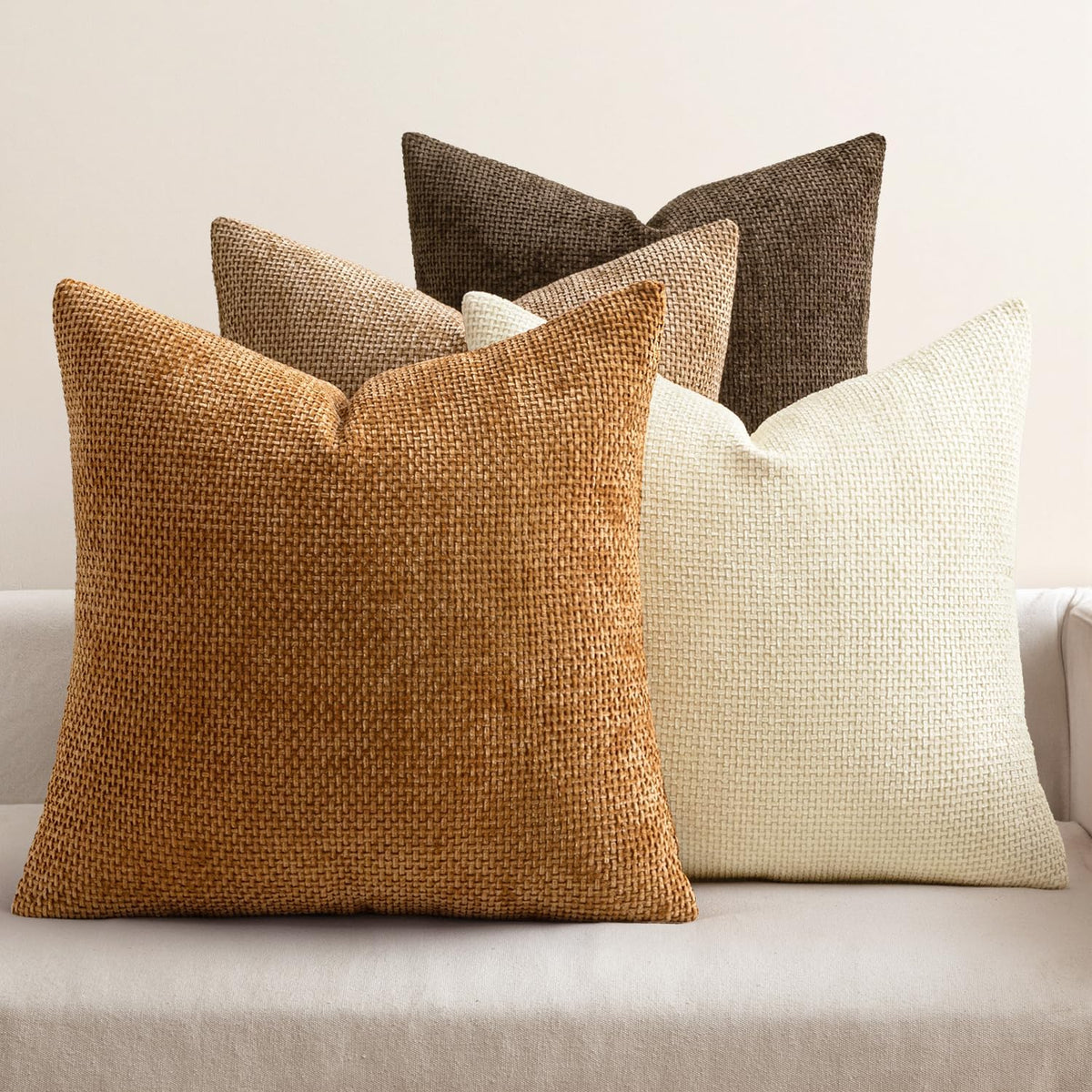 MIULEE Pack of 4 Couch Throw Pillow Covers 18x18 Inch Neutral Soft Decorative Chenille Pillow Covers Farmhouse Boho Cushion Covers for Mid Century Modern Spring Home Decor Sofa Bedroom Living Room