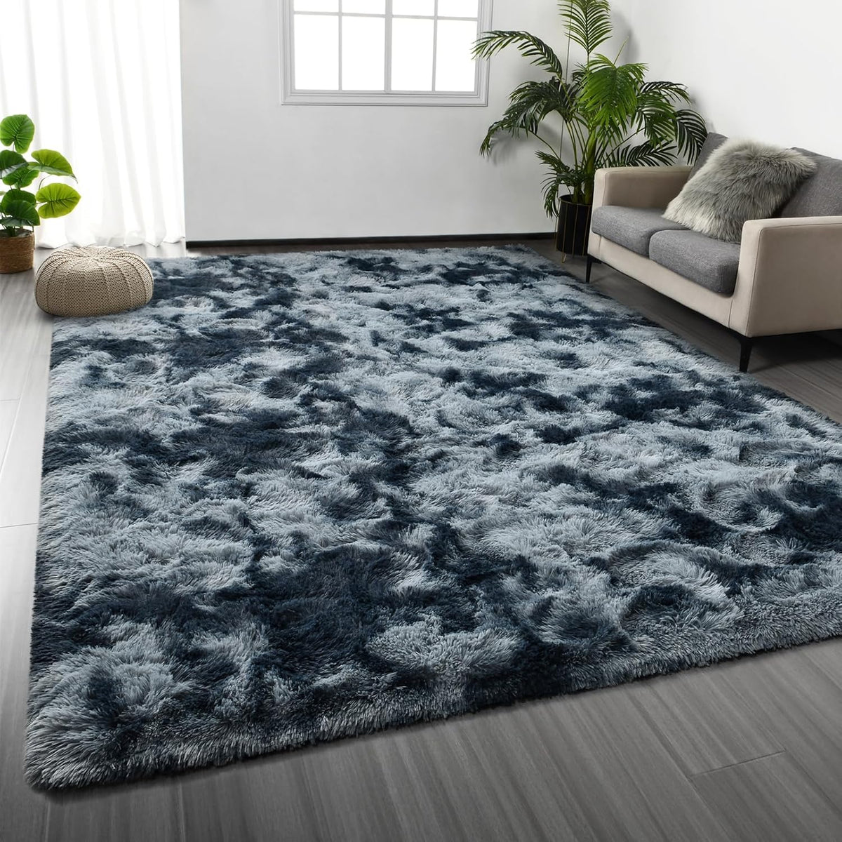 Large Shag Area Rugs 6 x 9, Tie-Dyed Plush Fuzzy Rug for Living Room, Ultra Soft Fluffy Furry Rugs for Bedroom, Indoor Carpet Nursery Rugs for Kids Room Home Decor, Light Grey
