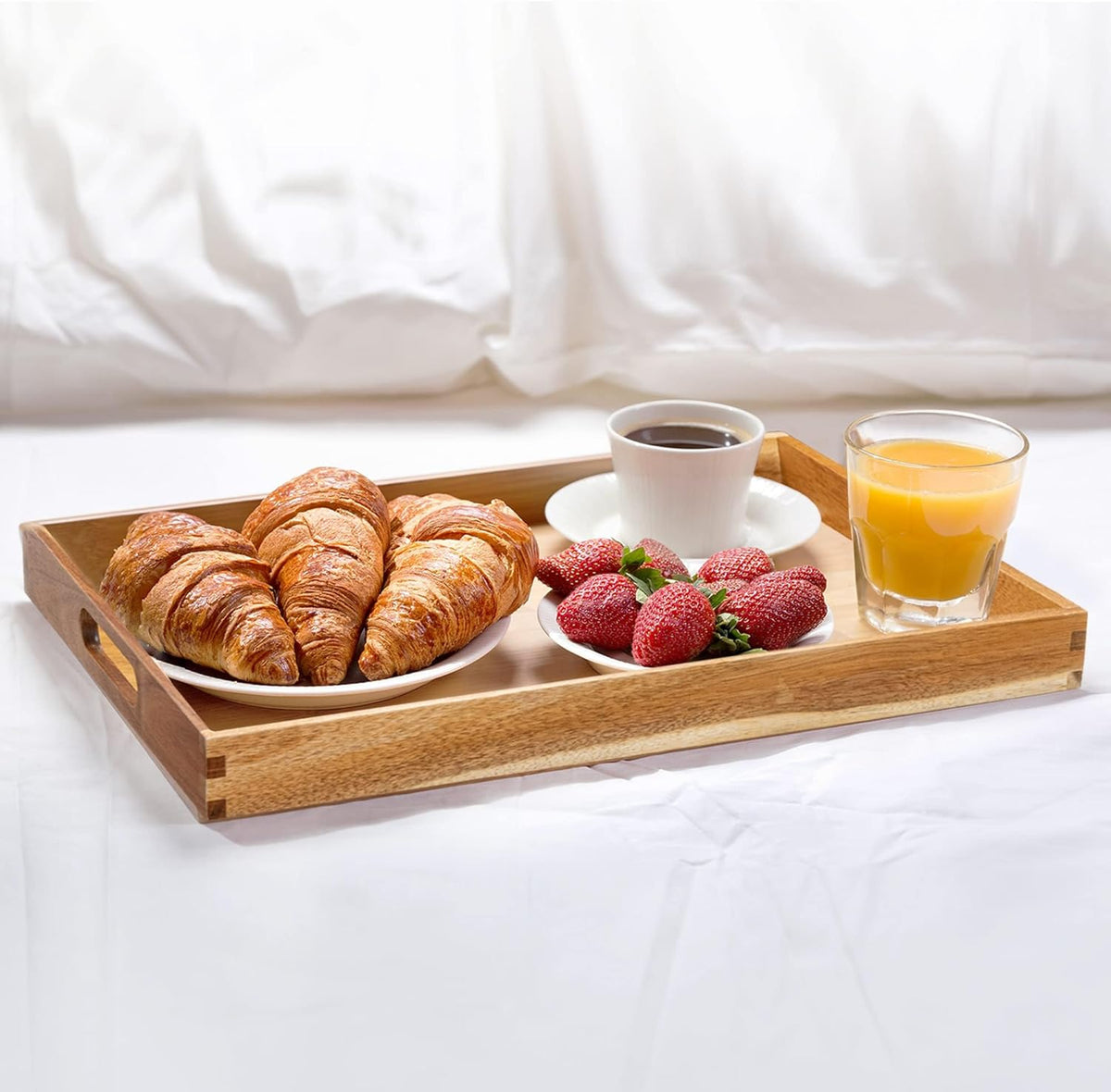 Acacia Wood Serving Tray with Handles - 17-Inch Decorative Wooden Tray - Perfect for Breakfast, Lunch, Dinner, Appetizers, Patio, Ottoman, Coffee Table - Durable Living Room and Couch Tray